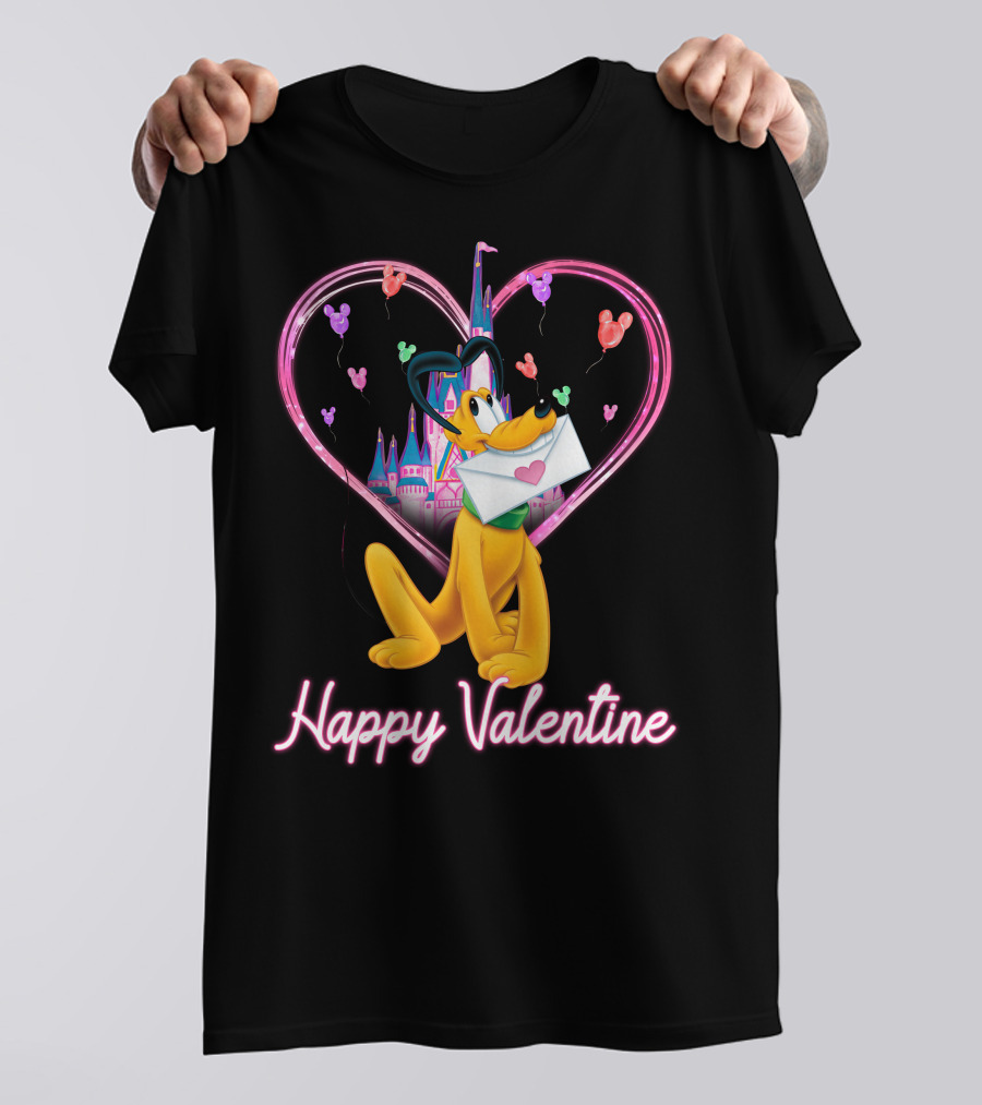 Happy Valentine Pluto Letter Heart Balloons Castle T-Shirt