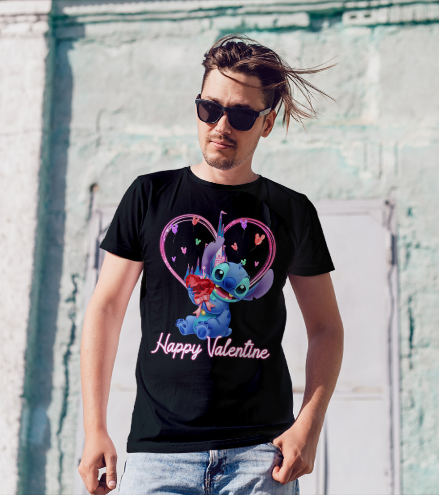 Happy Valentine Stitch Holding Heart With Castle And Balloons T-Shirt