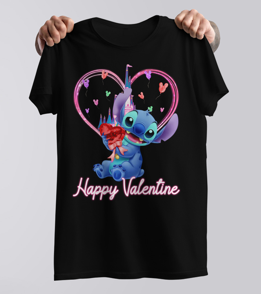 Happy Valentine Stitch Holding Heart With Castle And Balloons T-Shirt