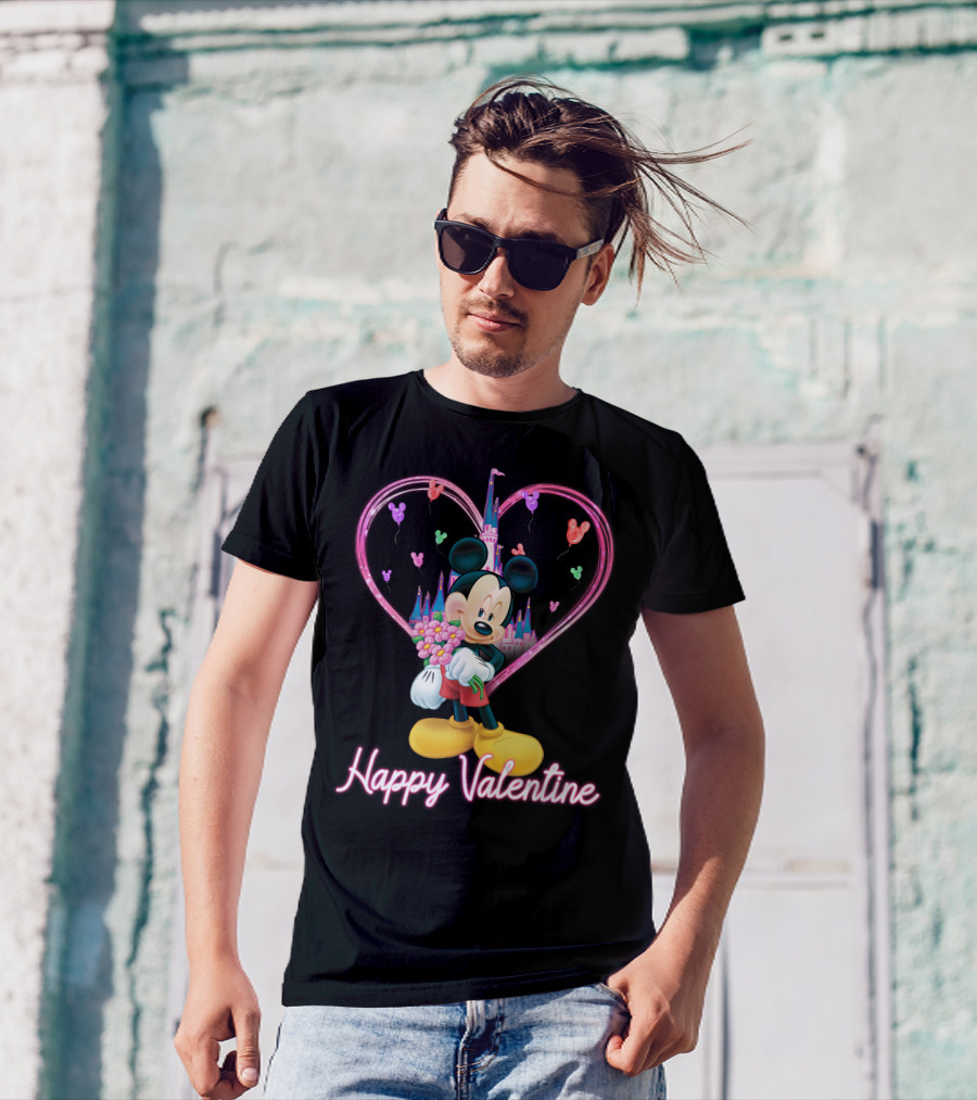 Happy Valentine Mickey Mouse Bouquet And Castle Balloons T-Shirt