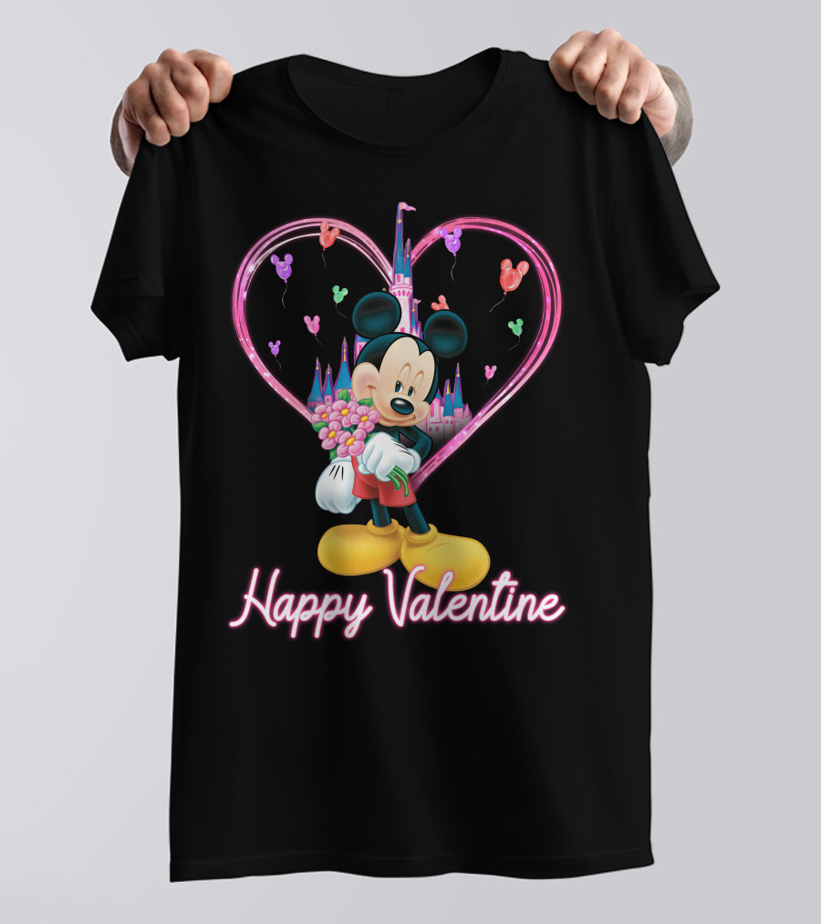 Happy Valentine Mickey Mouse Bouquet And Castle Balloons T-Shirt