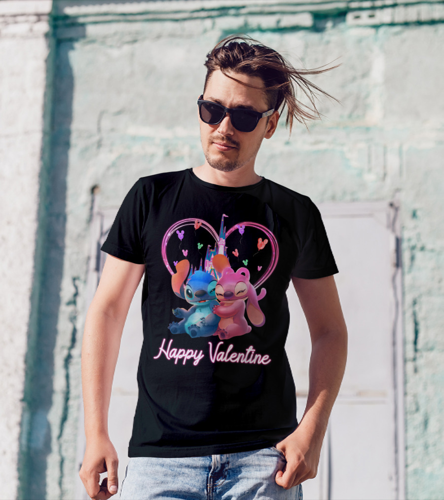 Happy Valentine Stitch Angel Castle Heart Balloons T-Shirt