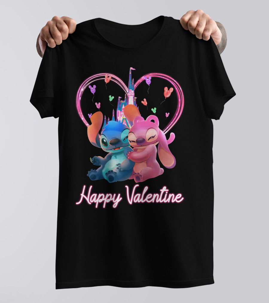 Happy Valentine Stitch Angel Castle Heart Balloons T-Shirt