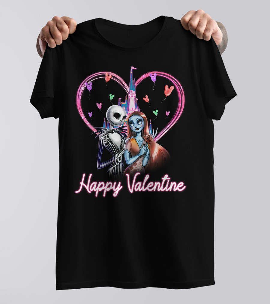 Happy Valentine Jack And Sally Disney Castle Heart Balloons T-Shirt