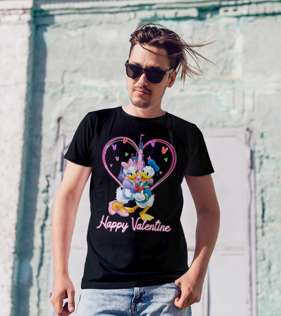 Happy Valentine Donald And Daisy In Front Of Heart Castle T-Shirt