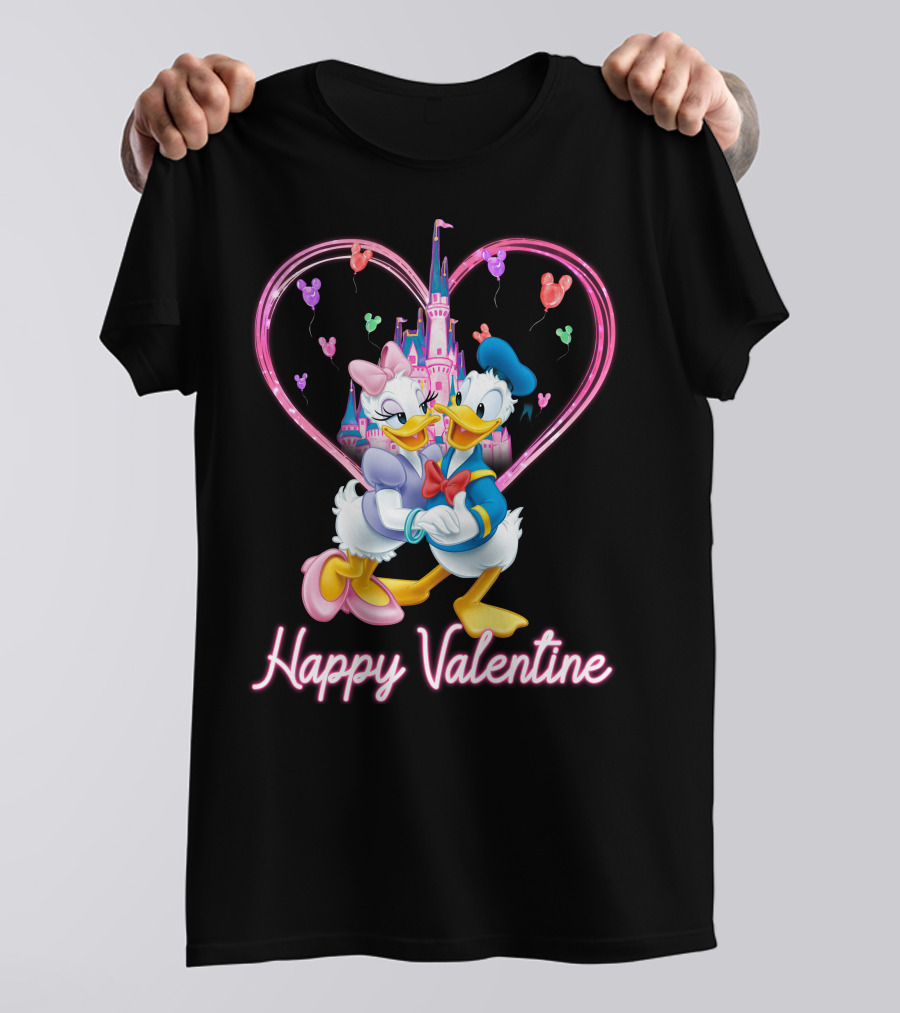 Happy Valentine Donald And Daisy In Front Of Heart Castle T-Shirt