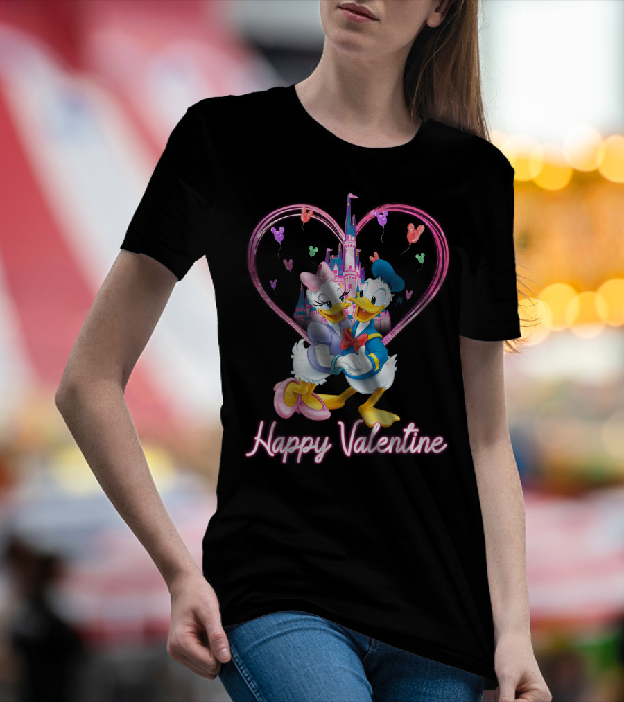 Happy Valentine Donald And Daisy In Front Of Heart Castle T-Shirt