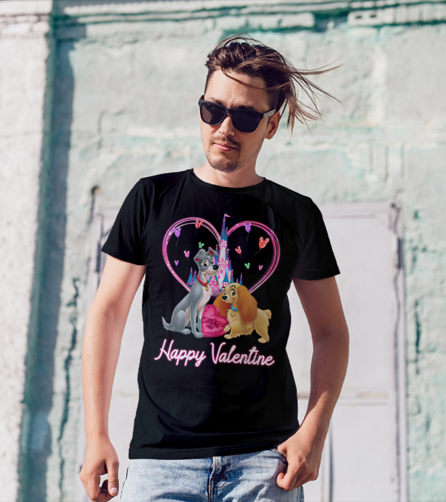 Happy Valentine Lady & The Tramp Heart Castle Balloons T-Shirt