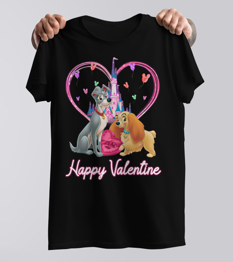 Happy Valentine Lady & The Tramp Heart Castle Balloons T-Shirt