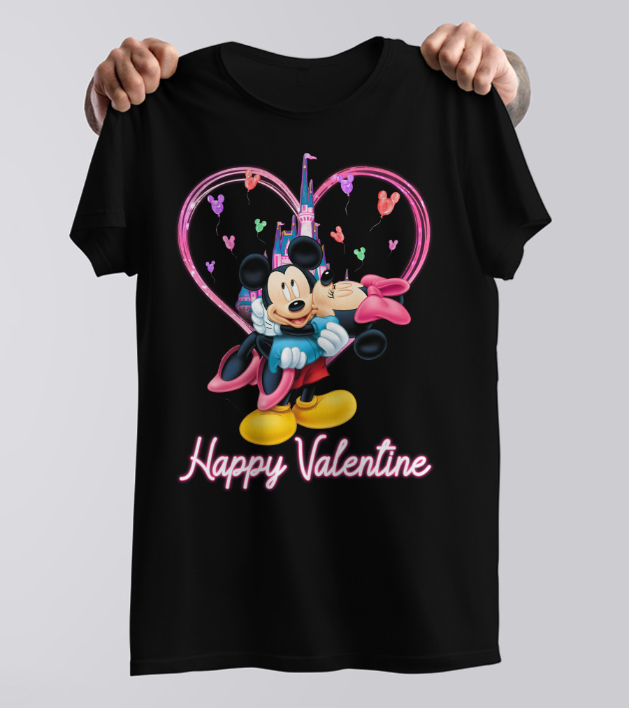 Mickey & Minnie Happy Valentine Heart And Castle Celebration T-Shirt