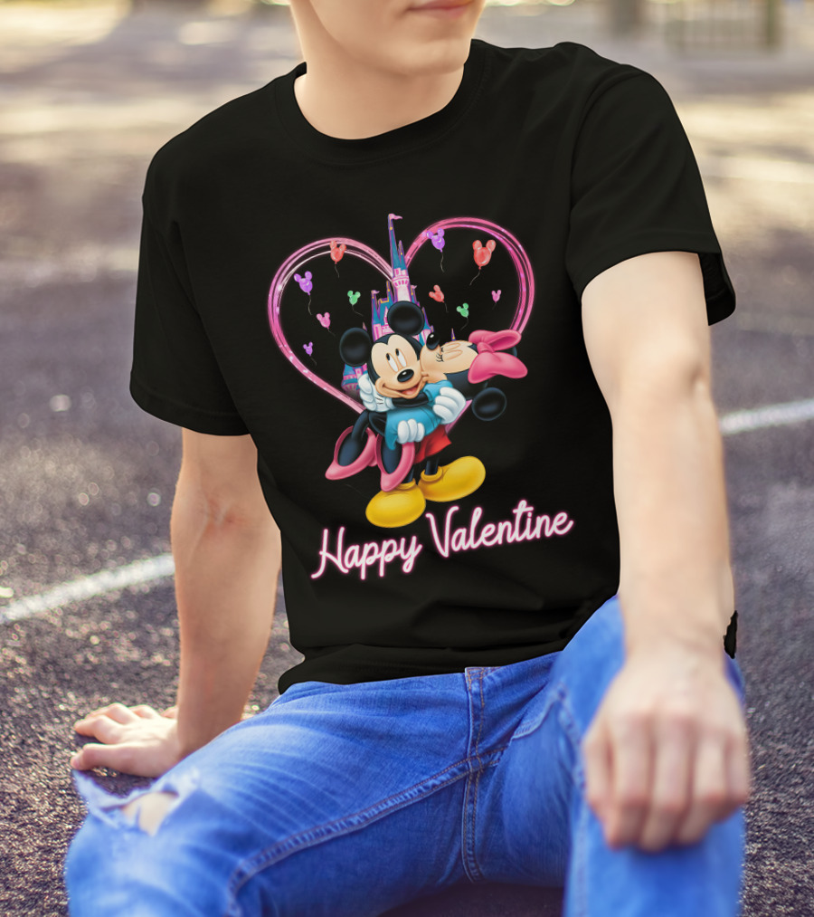 Mickey & Minnie Happy Valentine Heart And Castle Celebration T-Shirt