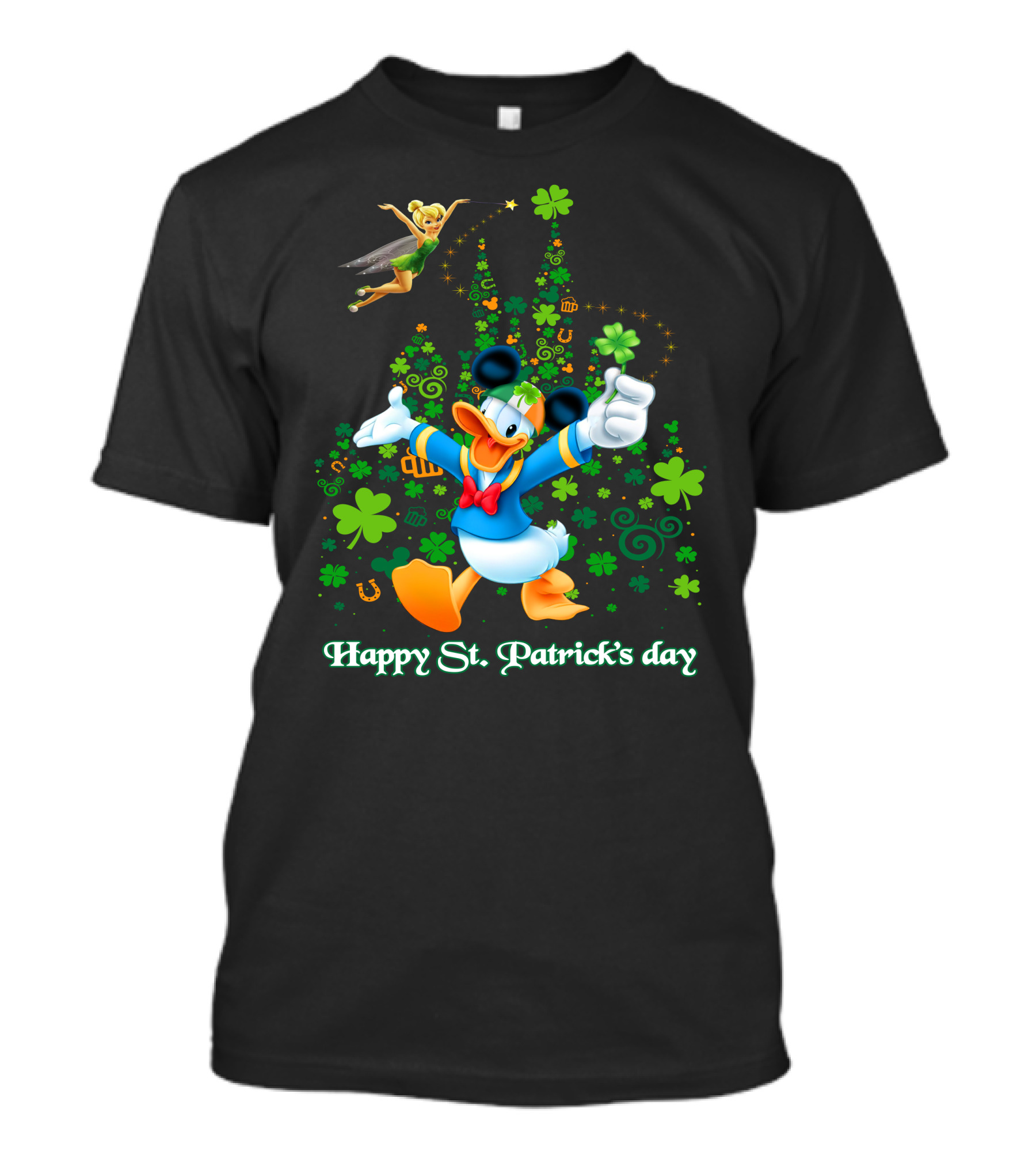Happy St. Patrick's Day Donald And Tinkerbell With Shamrocks And Castle T-Shirt