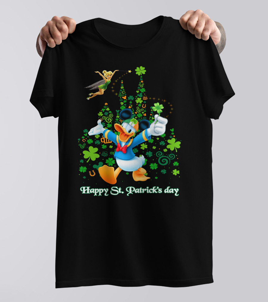 Happy St. Patrick's Day Donald And Tinkerbell With Shamrocks And Castle T-Shirt