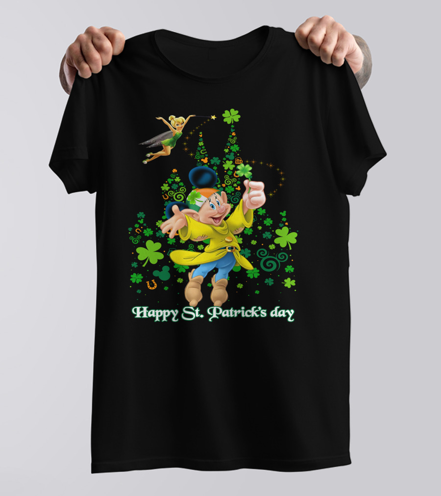 Happy St. Patrick's Day Dopey Disney Character With Tinker Bell And Clovers T-Shirt