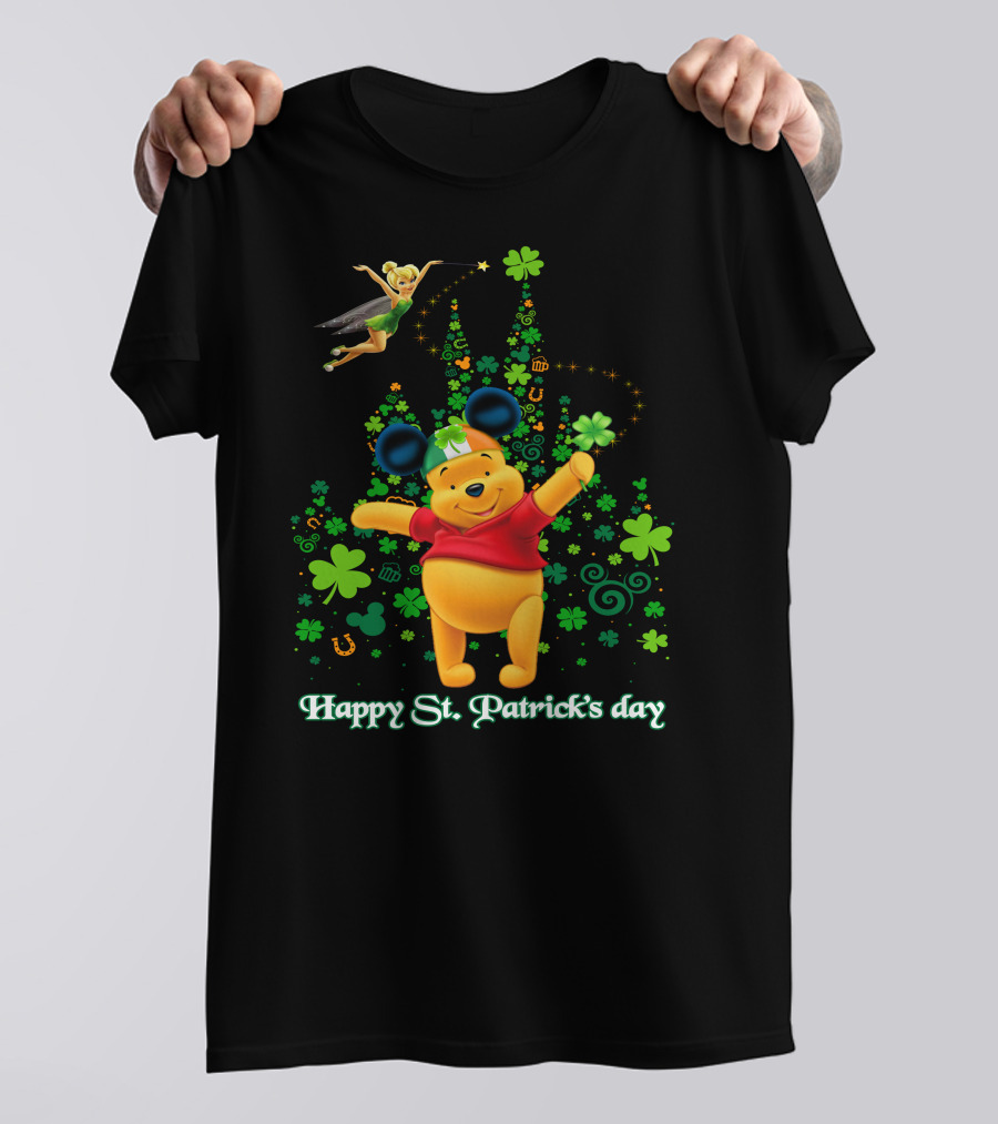 Happy St. Patrick's Day Pooh And Tinker Bell With Mickey Ears And Shamrocks T-Shirt