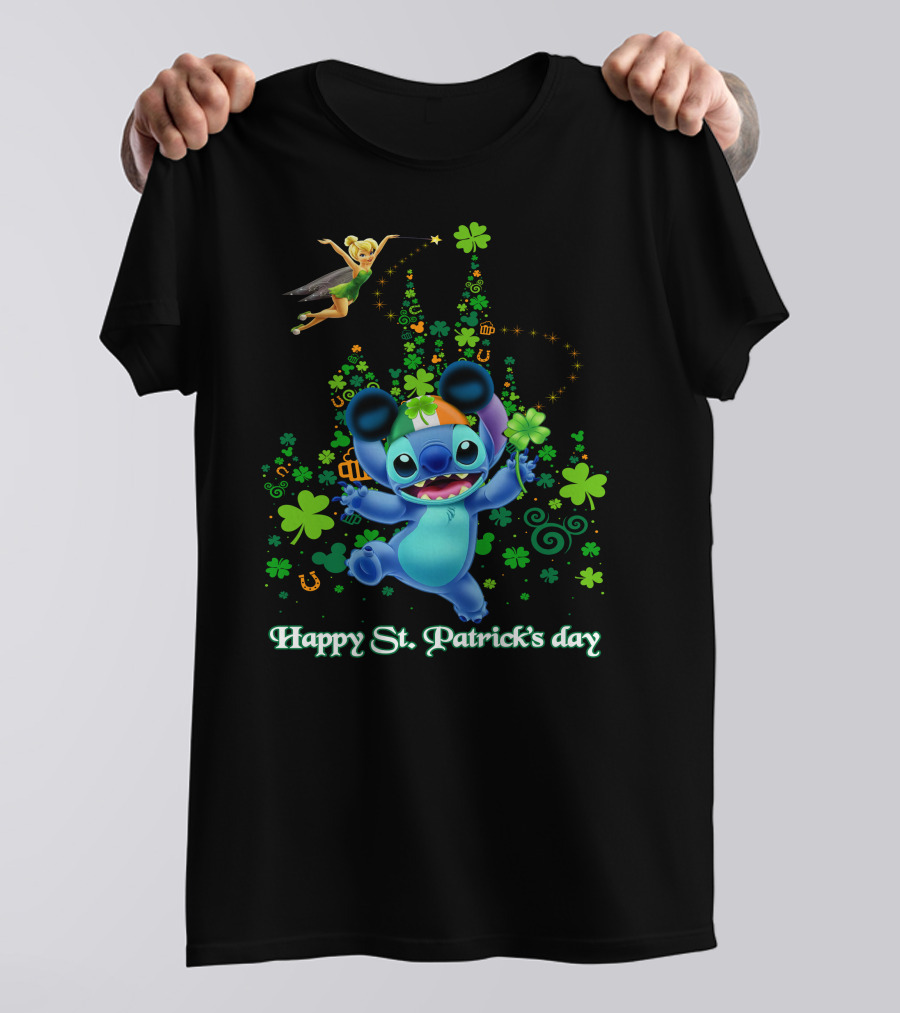Stitch And Tinkerbell Happy St. Patrick's Day With Shamrocks And Irish Colors T-Shirt
