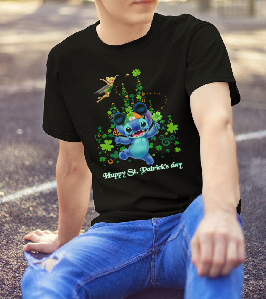 Stitch And Tinkerbell Happy St. Patrick's Day With Shamrocks And Irish Colors T-Shirt