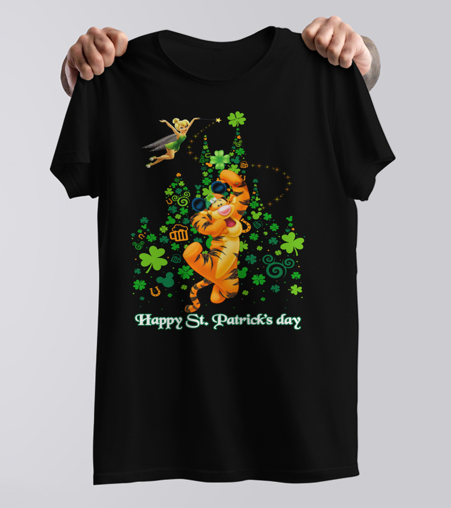 Happy St. Patrick's Day Tigger And Tinkerbell Celebration With Shamrocks And Icons T-Shirt