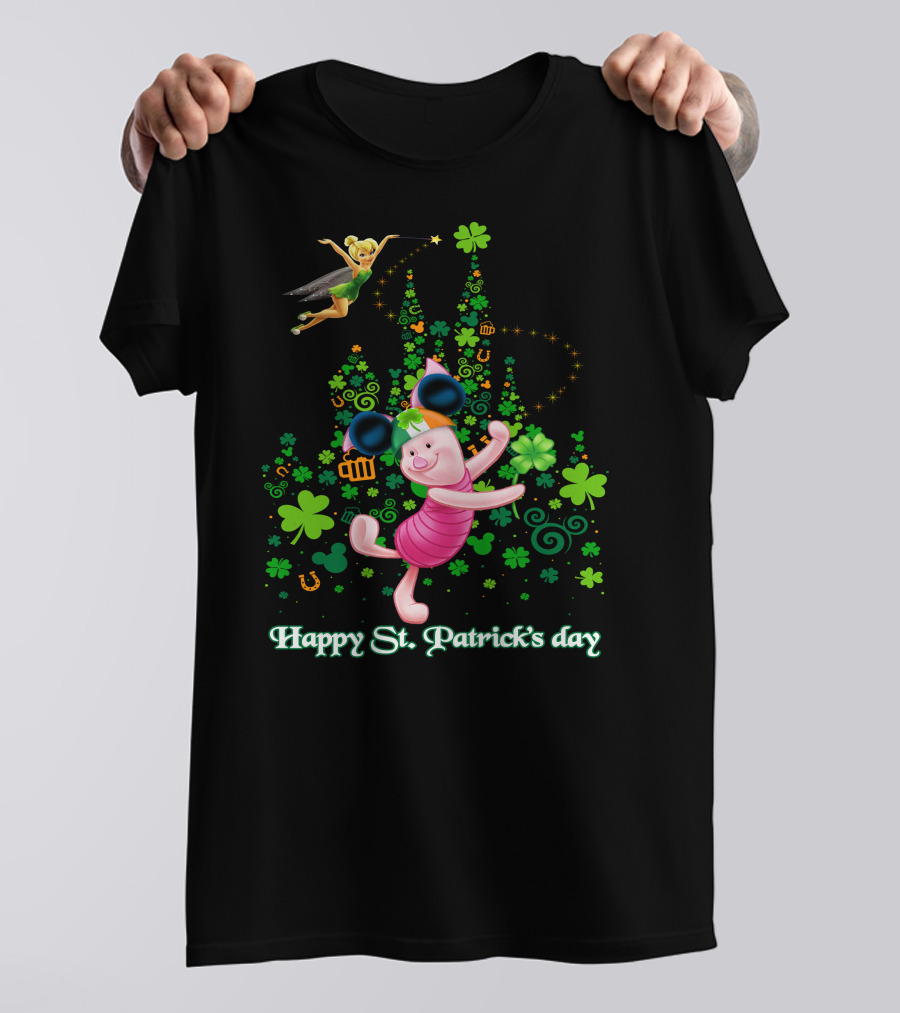 Happy St. Patrick's Day Piglet Tinker Bell Mickey Ears Shamrock Castle T-Shirt