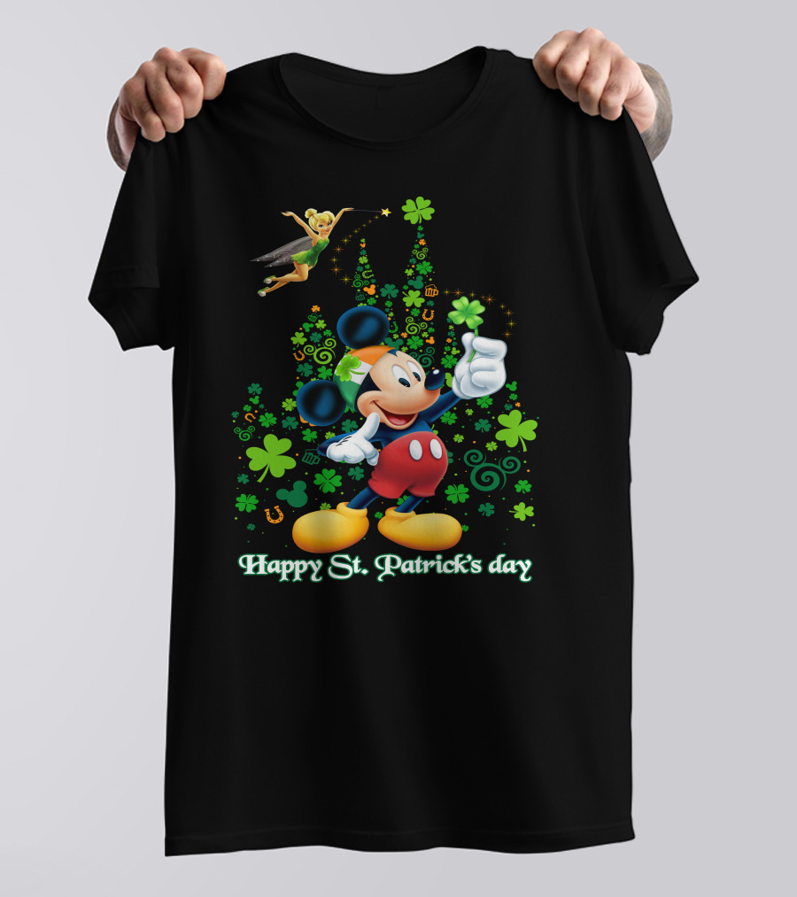 Mickey Happy St. Patrick's Day With Tinker Bell And Shamrocks T-Shirt
