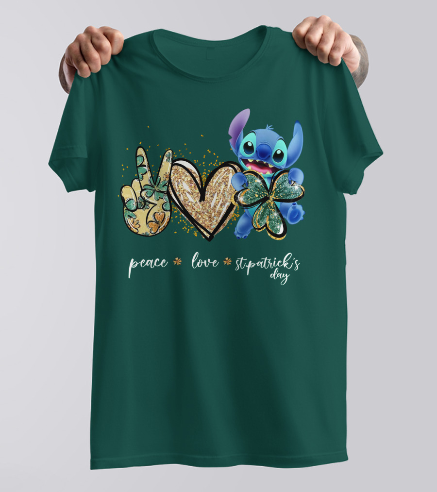 Peace Love St. Patrick's Day Stitch Shamrock Clover T-Shirt