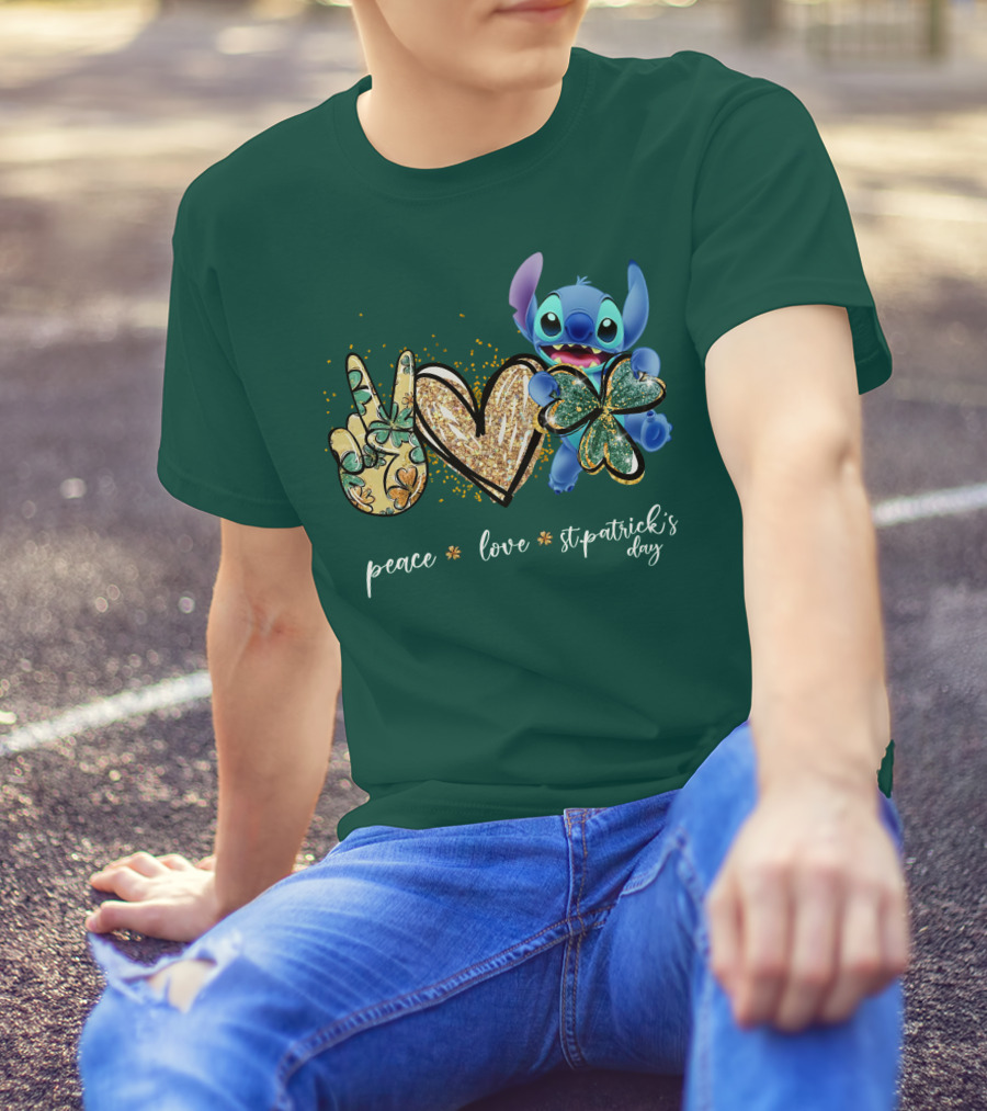 Peace Love St. Patrick's Day Stitch Shamrock Clover T-Shirt