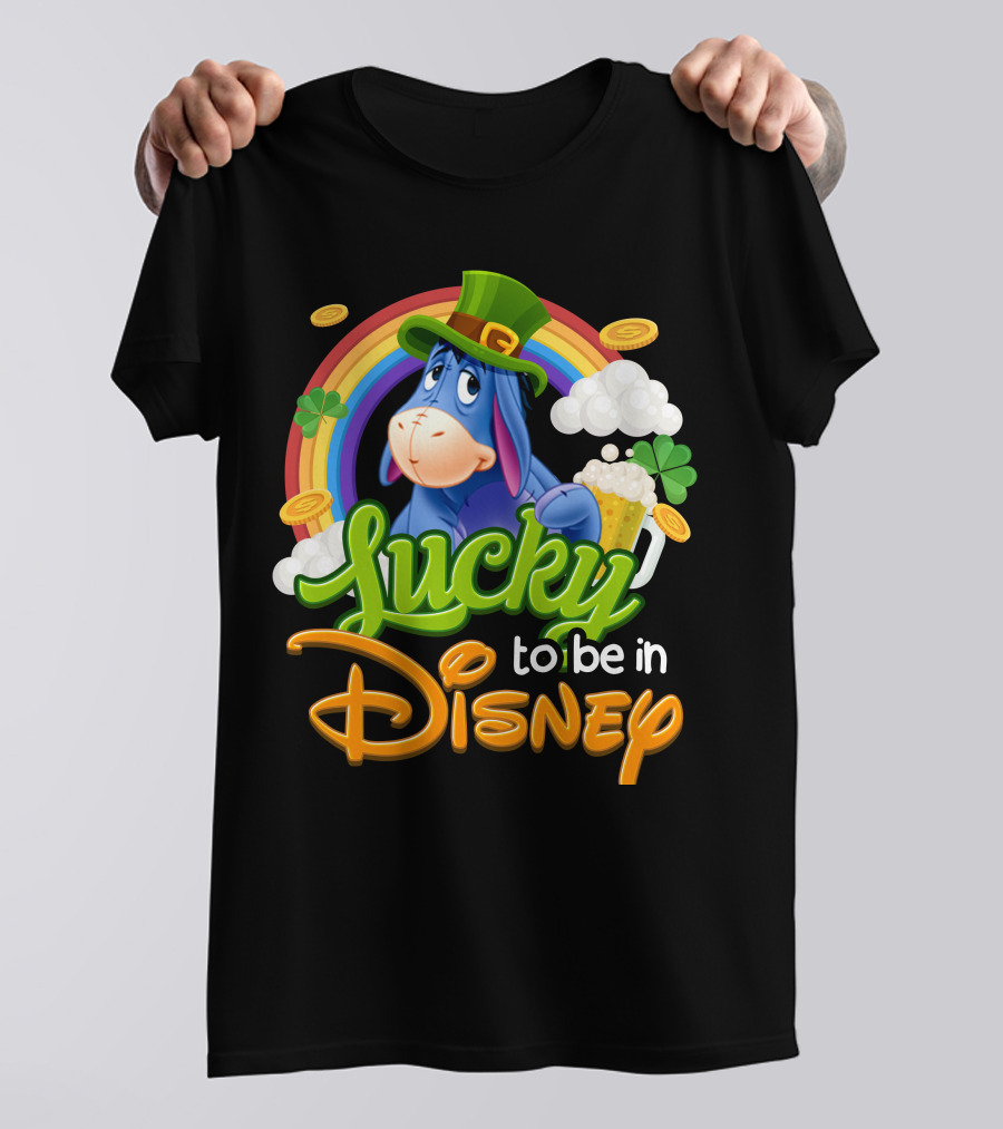 Eeyore Lucky To Be In Disney St. Patrick's Day Rainbow And Coins T-Shirt
