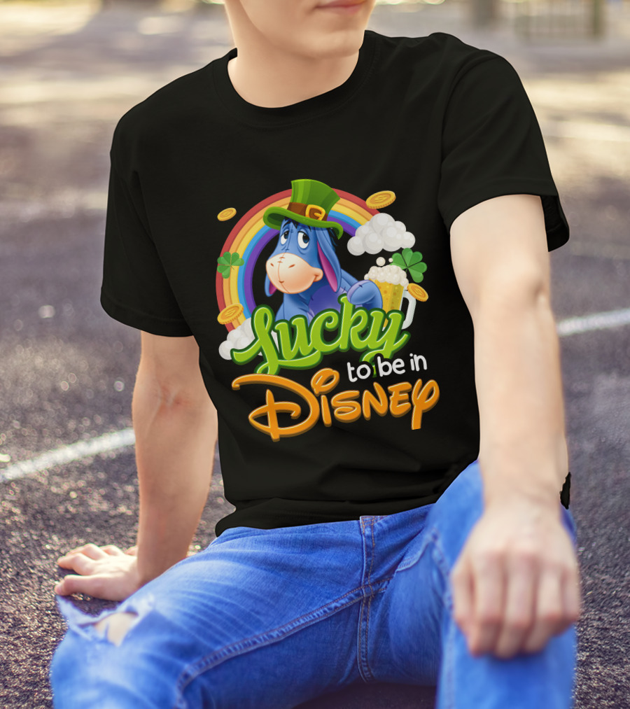 Eeyore Lucky To Be In Disney St. Patrick's Day Rainbow And Coins T-Shirt