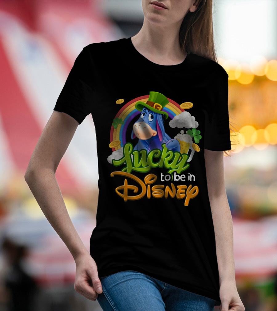 Eeyore Lucky To Be In Disney St. Patrick's Day Rainbow And Coins T-Shirt