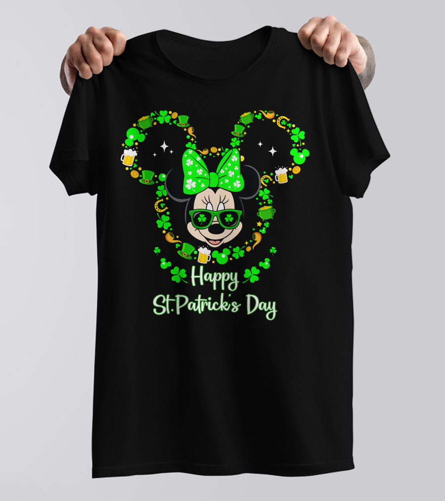 Happy St. Patrick's Day Minnie Mouse With Green Shamrocks And Accessories T-Shirt