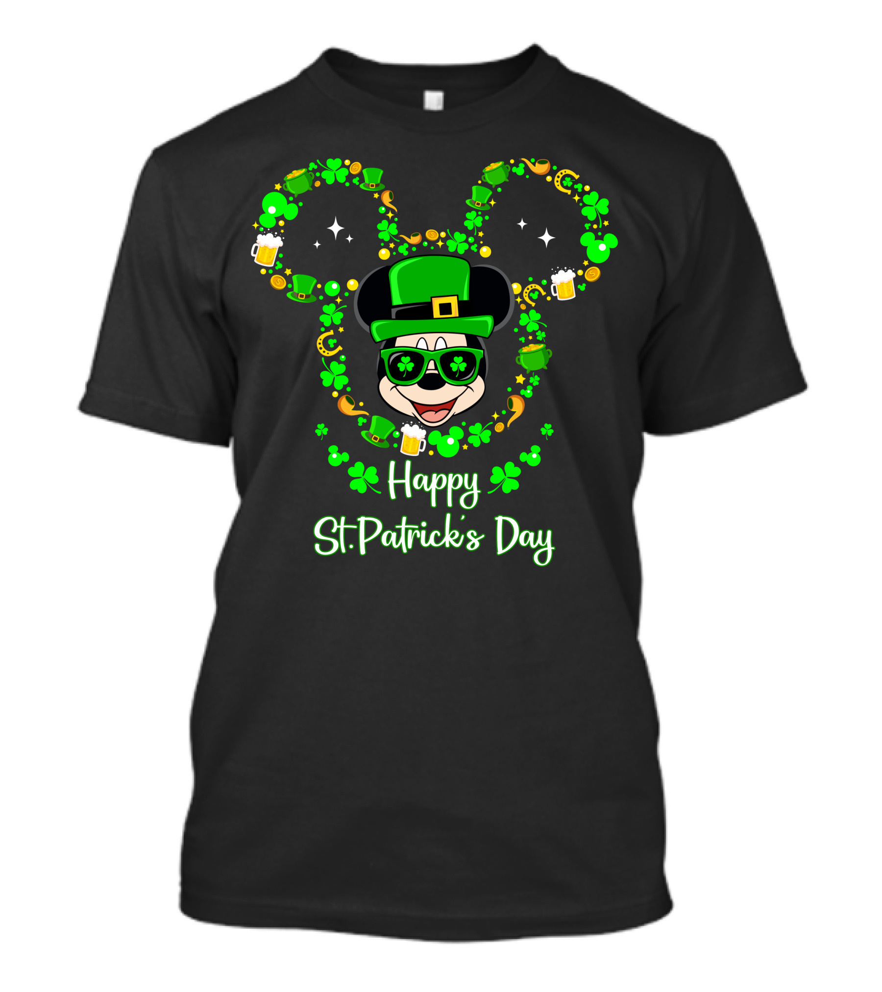 Happy St. Patrick's Day Mickey Graphic With Leprechaun Hat And Shamrocks T-Shirt