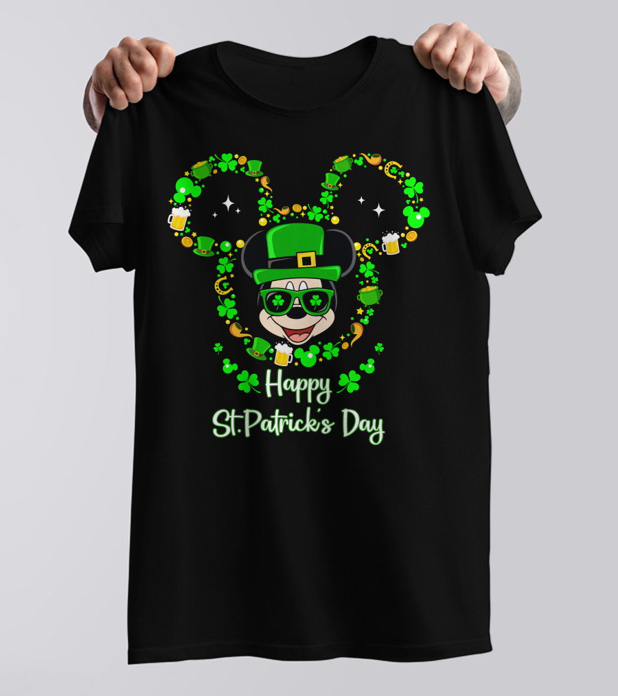 Happy St. Patrick's Day Mickey Graphic With Leprechaun Hat And Shamrocks T-Shirt