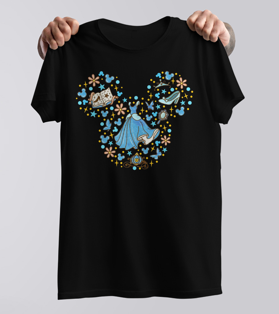 Cinderella Mickey Mouse Head Icon With Glass Slipper And Magic Elements T-Shirt