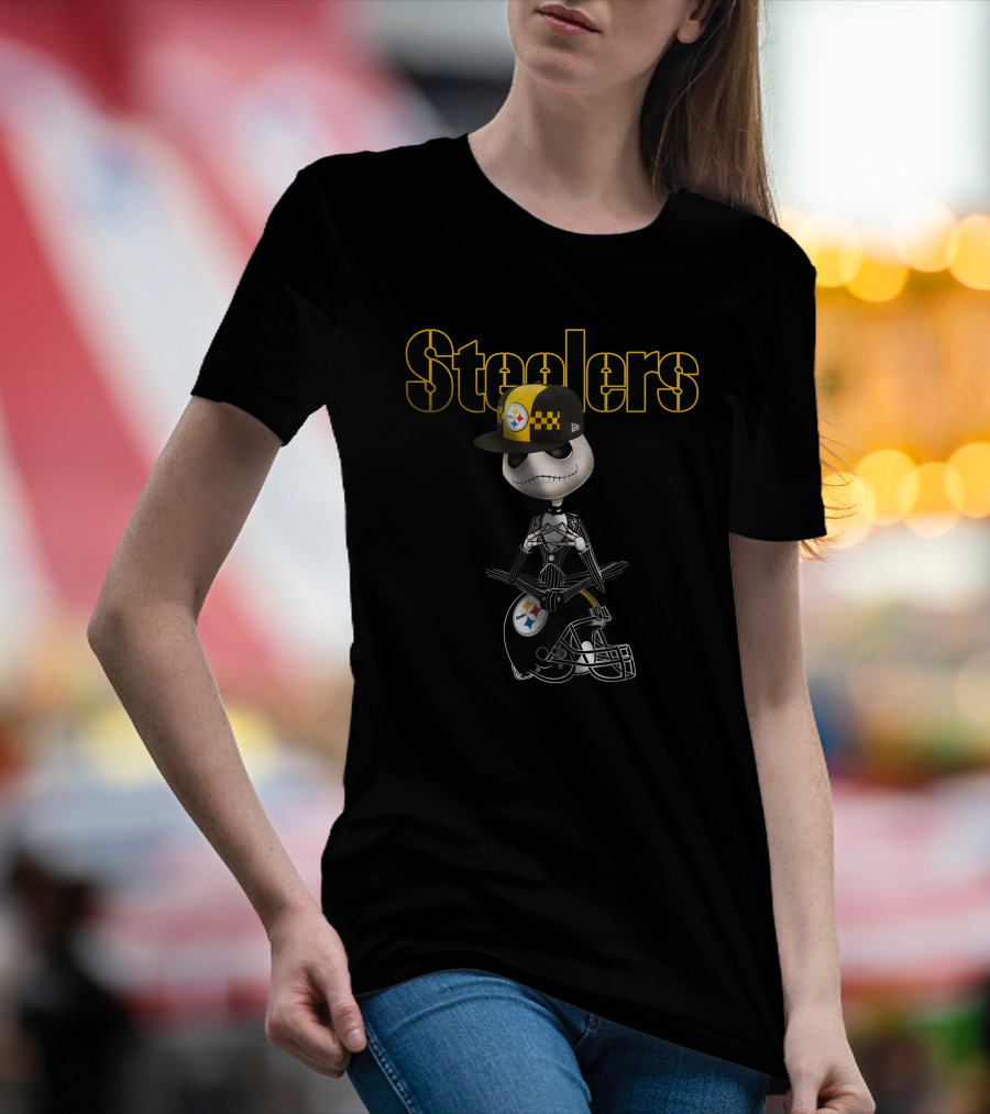 Steelers Jack Skellington With Pittsburgh Football Helmet And Cap T-Shirt