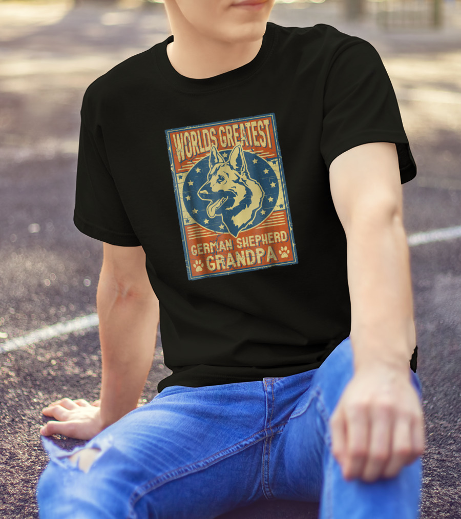 Worlds Greatest German Shepherd Grandpa Retro Star Banner T-Shirt