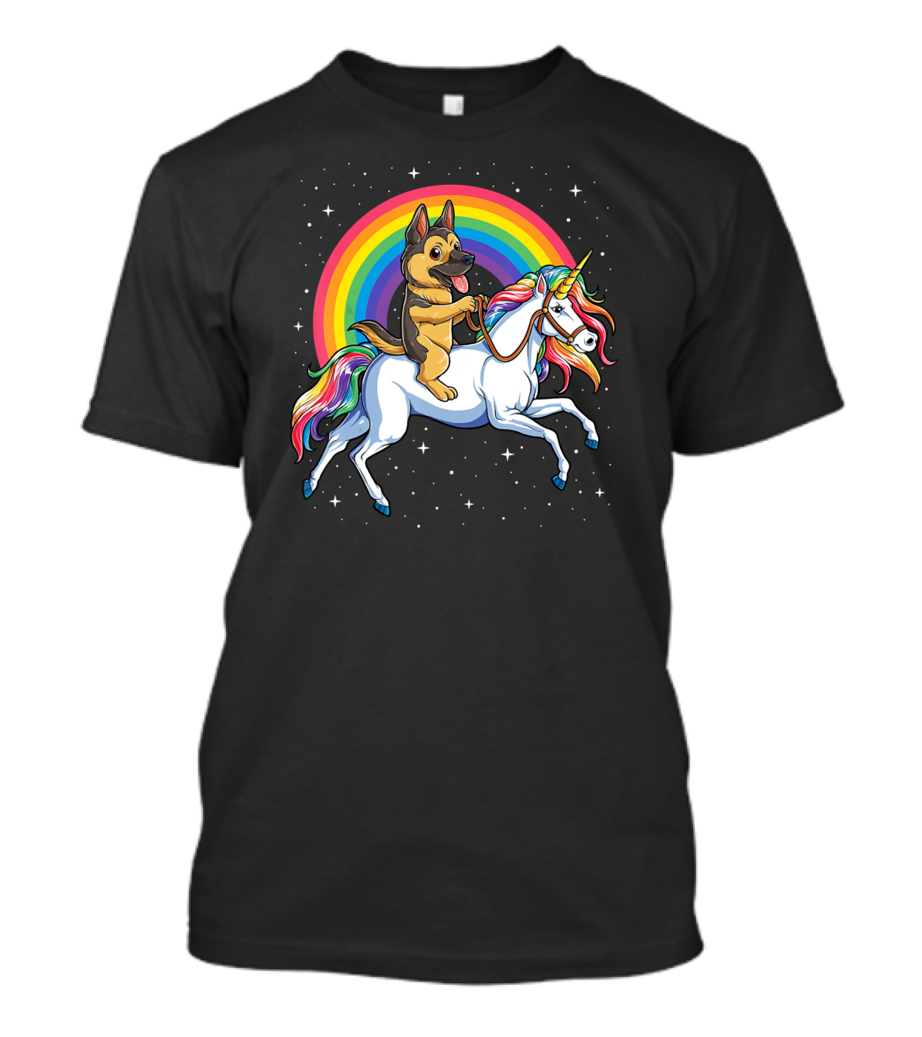 German Shepherd Rides Rainbow Unicorn In Space Adventure T-Shirt