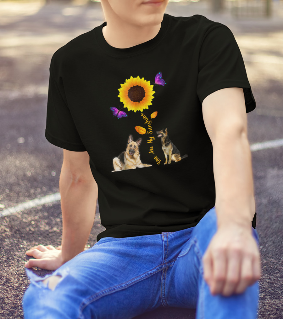 German Shepherd You Are My Sunshine Sunflower With Butterflies And Autumn Leaves T-Shirt