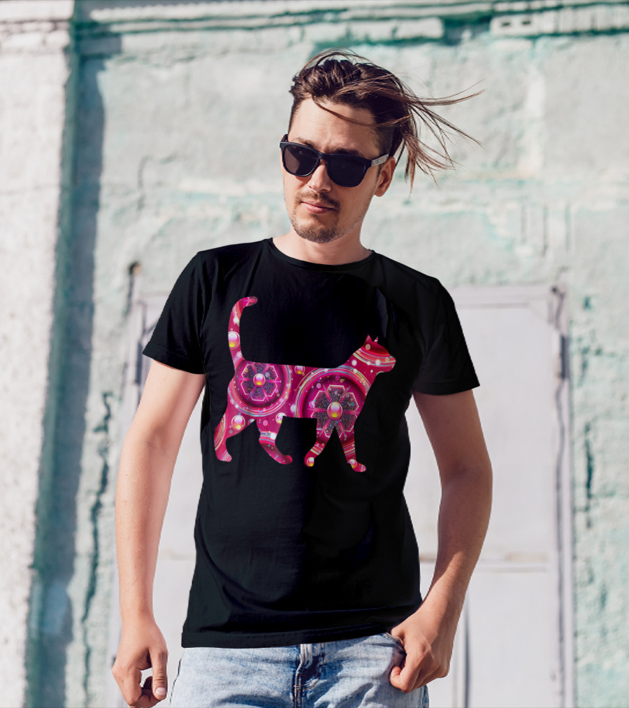 Girly Gem And Jewels Cat Pink Floral Sparkle T-Shirt