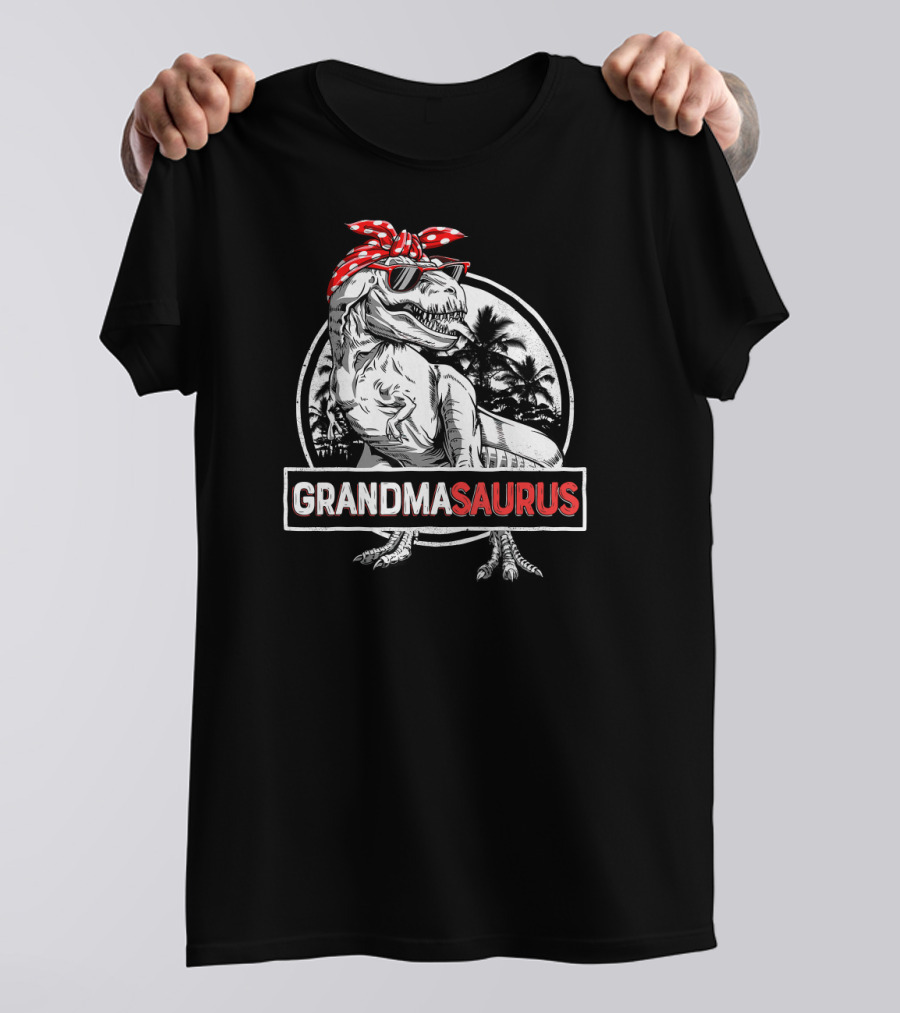 GRANDMASAURUS Rex Dinosaur Grandma T-Rex With Red Bandana And Sunglasses Tropical Palm Trees T-Shirt