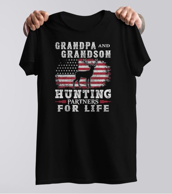 Grandpa And Grandson Hunting Partners For Life American Flag Deer T-Shirt