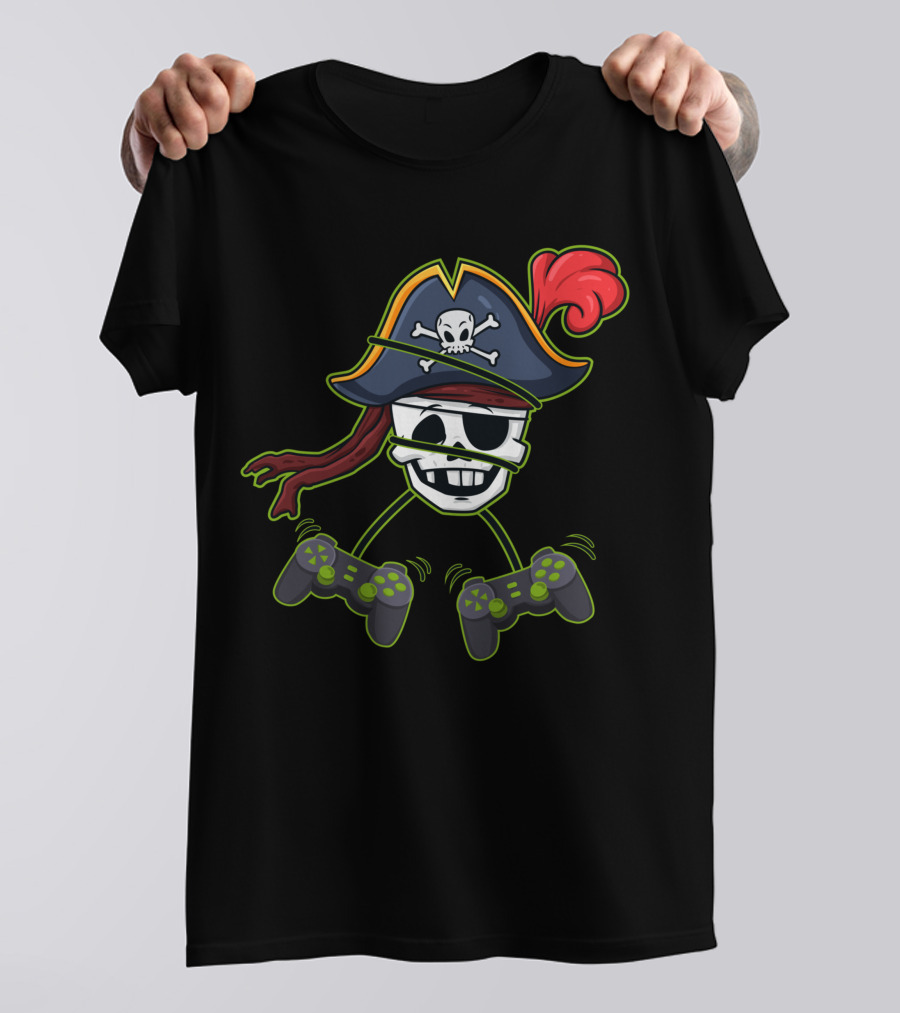 Halloween Pirate Skeleton Video Gamer Controllers Playful Skull Hat T-Shirt