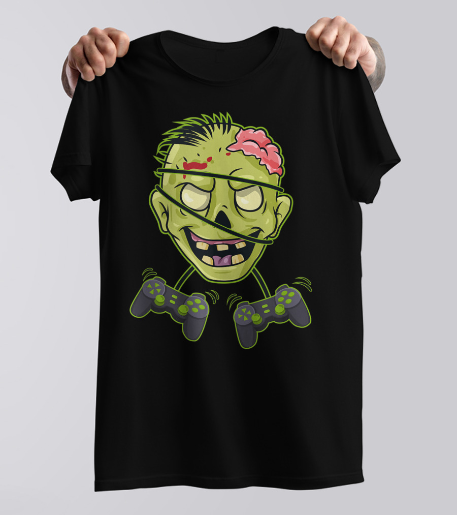 Halloween Zombie Gamer Controller Head With Split Expression T-Shirt