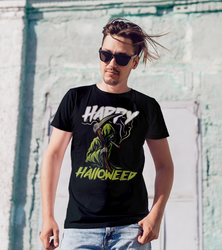 Happy Halloweed Grim Reaper Smoking Weed Cannabis T-Shirt