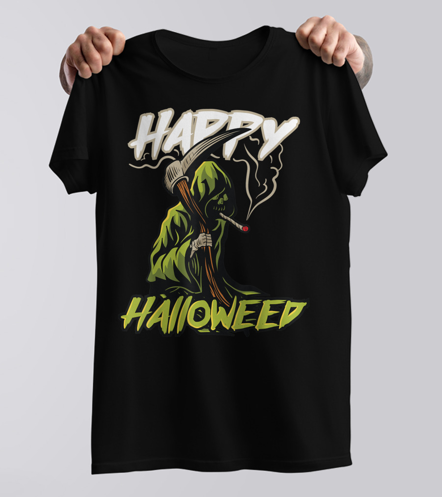 Happy Halloweed Grim Reaper Smoking Weed Cannabis T-Shirt