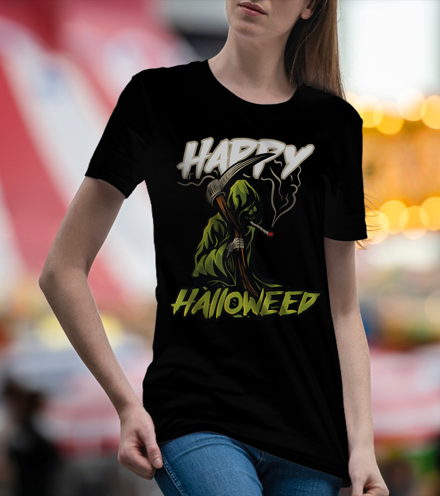 Happy Halloweed Grim Reaper Smoking Weed Cannabis T-Shirt