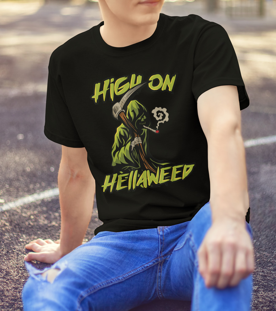 High On Hellaweed Grim Reaper Smoking Weed THC CBD T-Shirt
