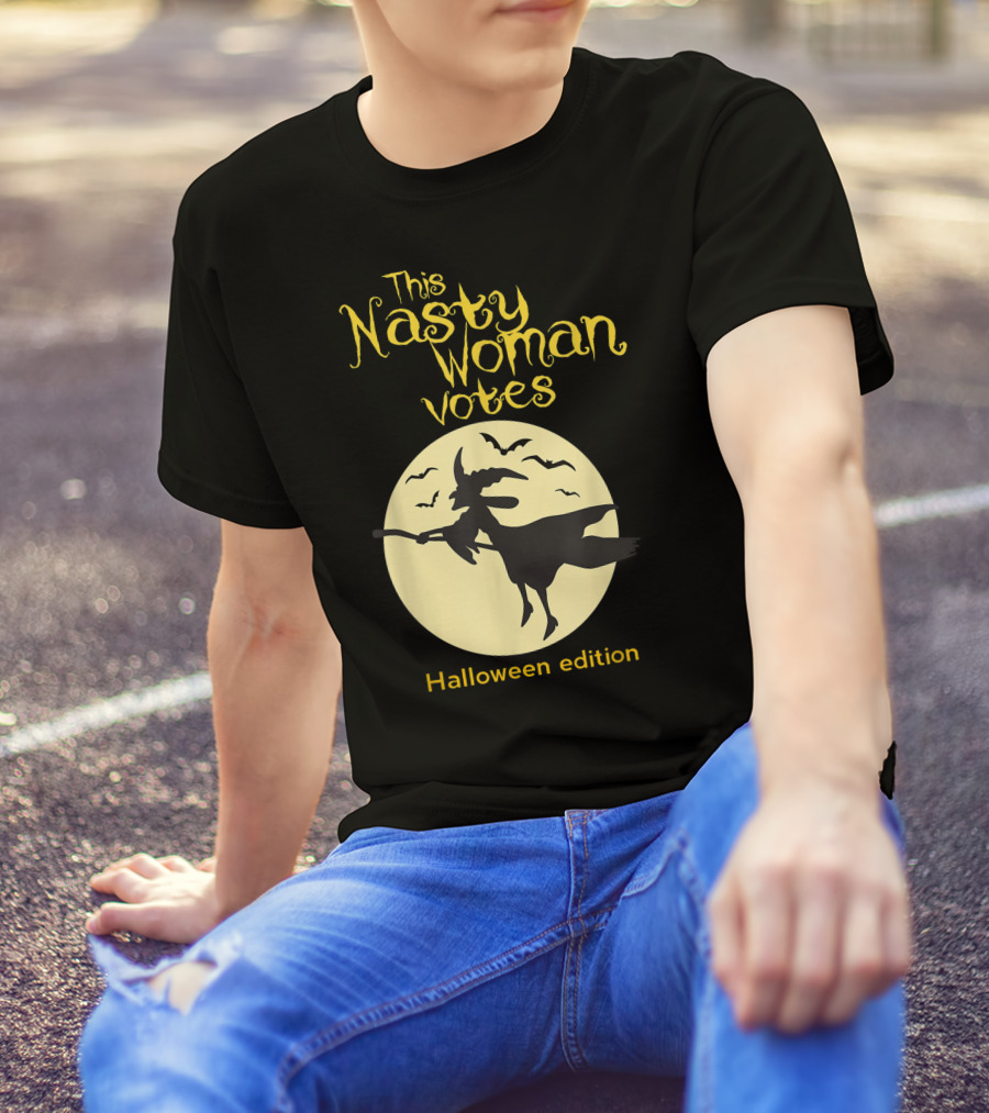 This Nasty Woman Votes Halloween Edition Feminism Witch And Bats Moon T-Shirt