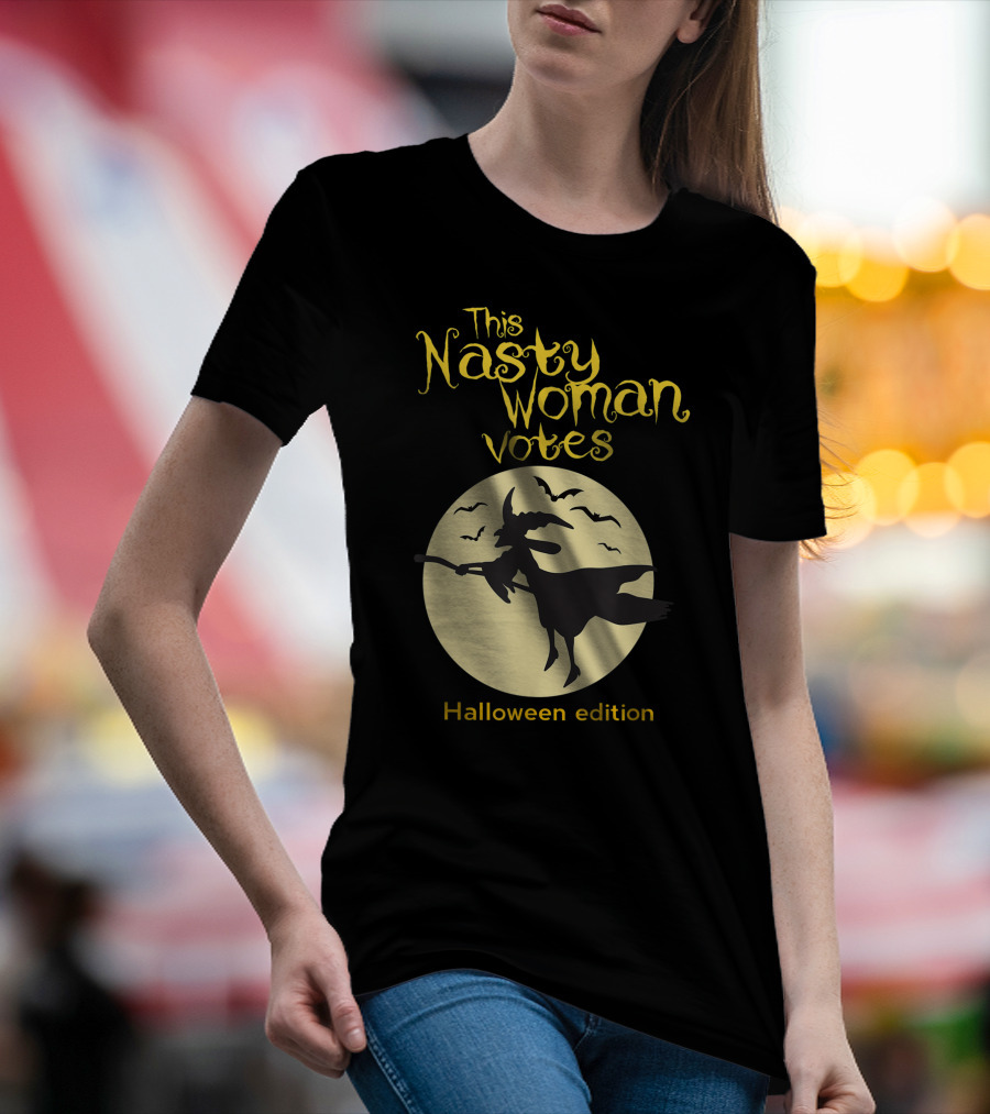 This Nasty Woman Votes Halloween Edition Feminism Witch And Bats Moon T-Shirt