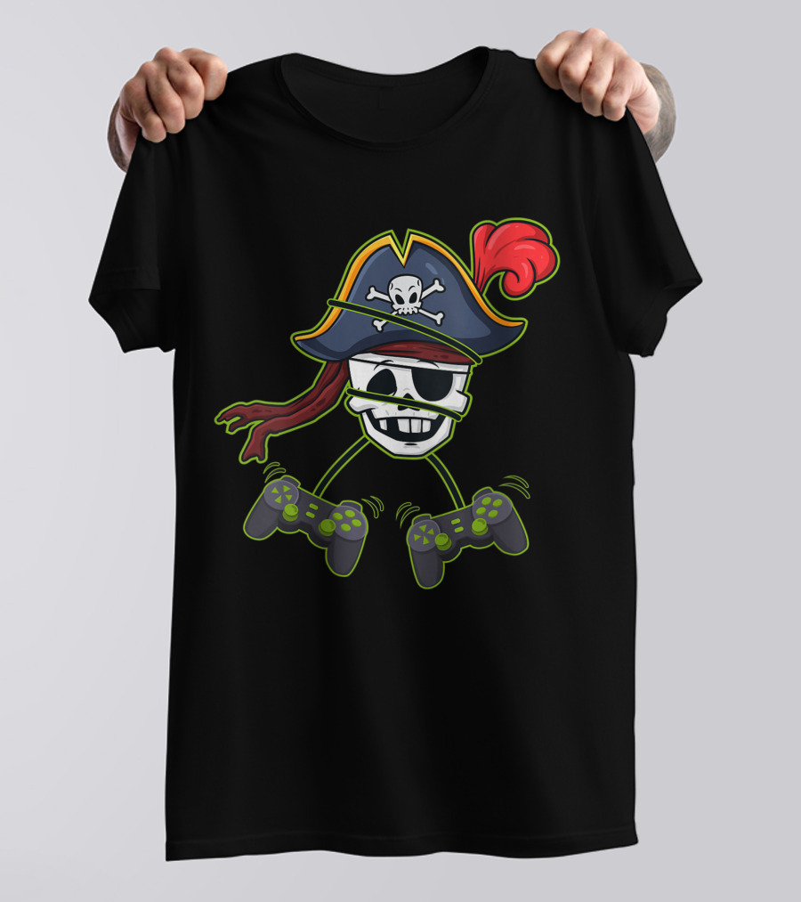 Halloween Pirate Skeleton Gamer With Controller Hat And Crossbones T-Shirt