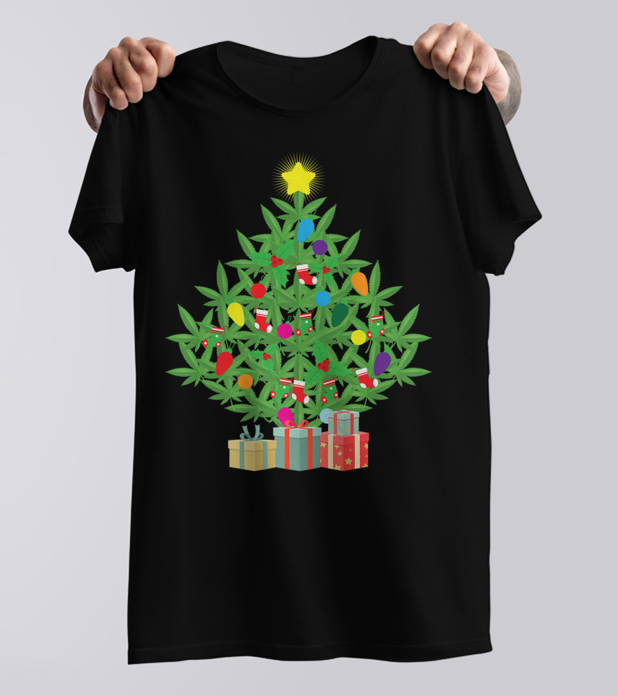 Cannabis Leaf Christmas Tree With Star And Colorful Holiday Lights T-Shirt